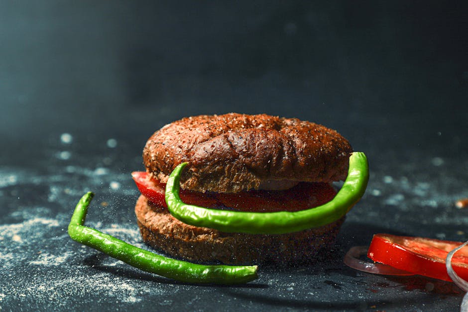 Food Aesthetics - Rustic bun with tomatoes and green peppers on da #13624263