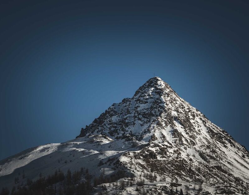 Mountain Landscapes - Majestic snow-covered mountain peak rising benea #20013643